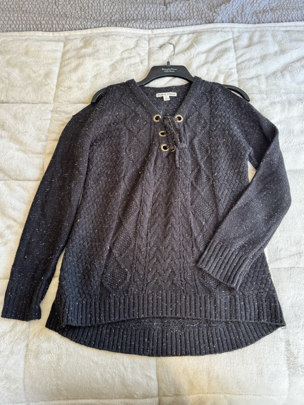 Moral Fiber Black Speckled Cable-Knit V-Neck Lace-Up Sweater